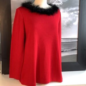 Lennie Nina Leonard Red Wool Blend Black Feather Collar Pullover Sweater Sz M